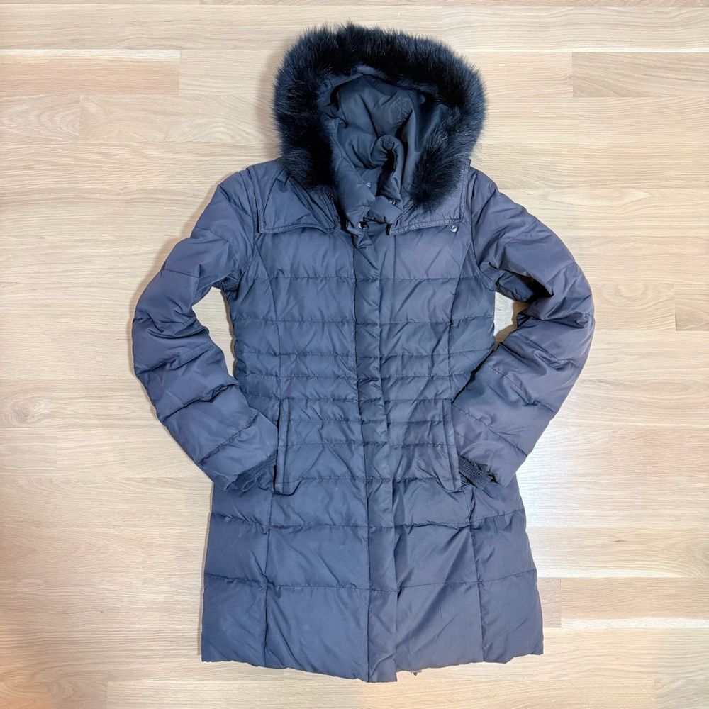 ELIE TAHARI Long Puffer Coat Faux Fur Trim Removable Hood Black Size Small